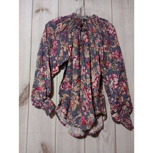 Dear John Shirt Ladies Extra Small Gray Pink Floral Peasant Balloon Sleeve